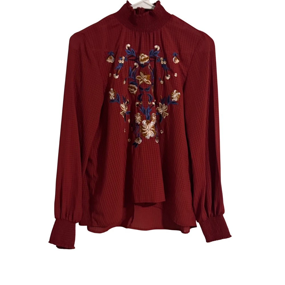 Living Doll Burgundy Embroidered Floral Smocked Mock Neck Blouse Small Womens